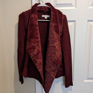 New York & Company Burgundy Maroon Faux Fur Suede Knit Sweater Jacket Size XS